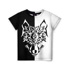 Детская футболка 3D с принтом Двуликий волк в Тюмени, 100% гипоаллергенный полиэфир | прямой крой, круглый вырез горловины, длина до линии бедер, чуть спущенное плечо, ткань немного тянется | монохромный | тату | черно белый