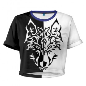 Женская футболка 3D укороченная с принтом Двуликий волк в Тюмени, 100% полиэстер | круглая горловина, длина футболки до линии талии, рукава с отворотами | Тематика изображения на принте: монохромный | тату | черно белый