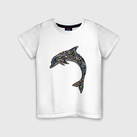 Детская футболка хлопок с принтом Дельфин в Тюмени, 100% хлопок | круглый вырез горловины, полуприлегающий силуэт, длина до линии бедер | Тематика изображения на принте: дельфин | животное
