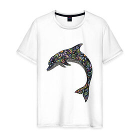Мужская футболка хлопок с принтом Дельфин в Тюмени, 100% хлопок | прямой крой, круглый вырез горловины, длина до линии бедер, слегка спущенное плечо. | дельфин | животное