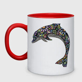 Кружка двухцветная с принтом Дельфин в Тюмени, керамика | объем — 330 мл, диаметр — 80 мм. Цветная ручка и кайма сверху, в некоторых цветах — вся внутренняя часть | дельфин | животное