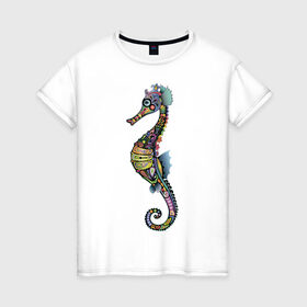 Женская футболка хлопок с принтом Морской конек в Тюмени, 100% хлопок | прямой крой, круглый вырез горловины, длина до линии бедер, слегка спущенное плечо | животное | конек | лето | море | океан | рыба