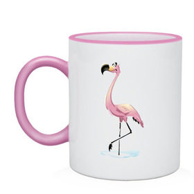 Кружка двухцветная с принтом Фламинго в Тюмени, керамика | объем — 330 мл, диаметр — 80 мм. Цветная ручка и кайма сверху, в некоторых цветах — вся внутренняя часть | Тематика изображения на принте: птица | фламинго | цапля