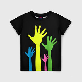 Детская футболка 3D с принтом Руки вверх! в Тюмени, 100% гипоаллергенный полиэфир | прямой крой, круглый вырез горловины, длина до линии бедер, чуть спущенное плечо, ткань немного тянется | светящиеся | флуоресцентный | флюр | флюровый