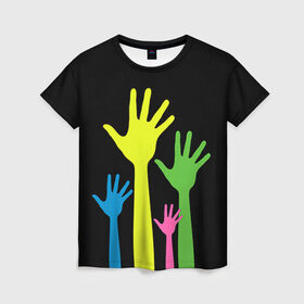 Женская футболка 3D с принтом Руки вверх! в Тюмени, 100% полиэфир ( синтетическое хлопкоподобное полотно) | прямой крой, круглый вырез горловины, длина до линии бедер | Тематика изображения на принте: светящиеся | флуоресцентный | флюр | флюровый