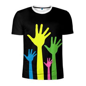 Мужская футболка 3D спортивная с принтом Руки вверх! в Тюмени, 100% полиэстер с улучшенными характеристиками | приталенный силуэт, круглая горловина, широкие плечи, сужается к линии бедра | Тематика изображения на принте: светящиеся | флуоресцентный | флюр | флюровый