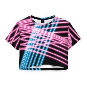 Женская футболка 3D укороченная с принтом Неон в Тюмени, 100% полиэстер | круглая горловина, длина футболки до линии талии, рукава с отворотами | линии | полосы | светящиеся | флуоресцентный | флюр | флюровый