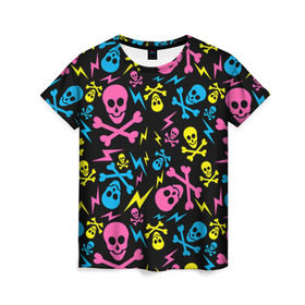 Женская футболка 3D с принтом Не влезай - убьёт! в Тюмени, 100% полиэфир ( синтетическое хлопкоподобное полотно) | прямой крой, круглый вырез горловины, длина до линии бедер | кости | паттерн | светящиеся | флуоресцентный | флюр | флюровый | череп