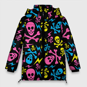 Женская зимняя куртка 3D с принтом Не влезай - убьёт! в Тюмени, верх — 100% полиэстер; подкладка — 100% полиэстер; утеплитель — 100% полиэстер | длина ниже бедра, силуэт Оверсайз. Есть воротник-стойка, отстегивающийся капюшон и ветрозащитная планка. 

Боковые карманы с листочкой на кнопках и внутренний карман на молнии | Тематика изображения на принте: кости | паттерн | светящиеся | флуоресцентный | флюр | флюровый | череп