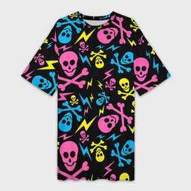 Платье-футболка 3D с принтом Не влезай   убьёт в Тюмени,  |  | кости | паттерн | светящиеся | флуоресцентный | флюр | флюровый | череп