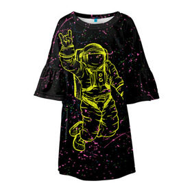 Детское платье 3D с принтом Космический рок в Тюмени, 100% полиэстер | прямой силуэт, чуть расширенный к низу. Круглая горловина, на рукавах — воланы | Тематика изображения на принте: космонавт | светящиеся | скафандр | флуоресцентный | флюр | флюровый
