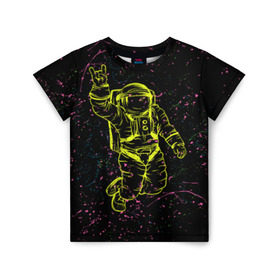 Детская футболка 3D с принтом Космический рок в Тюмени, 100% гипоаллергенный полиэфир | прямой крой, круглый вырез горловины, длина до линии бедер, чуть спущенное плечо, ткань немного тянется | космонавт | светящиеся | скафандр | флуоресцентный | флюр | флюровый