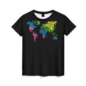 Женская футболка 3D с принтом Весь мир - Россия в Тюмени, 100% полиэфир ( синтетическое хлопкоподобное полотно) | прямой крой, круглый вырез горловины, длина до линии бедер | карта мира | светящиеся | флуоресцентный | флюр | флюровый