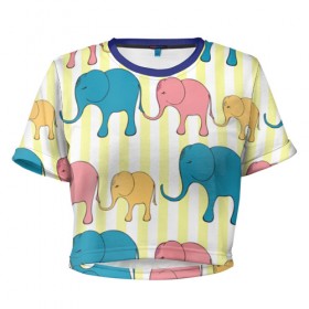Женская футболка 3D укороченная с принтом Слоники в Тюмени, 100% полиэстер | круглая горловина, длина футболки до линии талии, рукава с отворотами | elephant | hipster | индия | йога | слон | хипстер