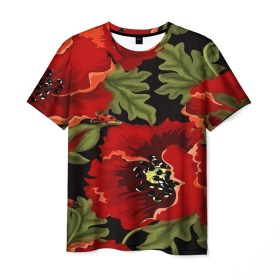 Мужская футболка 3D с принтом Цветение мака в Тюмени, 100% полиэфир | прямой крой, круглый вырез горловины, длина до линии бедер | flower | красные | полевой цветок | природа | розы | текстуры | цветочки | цветы
