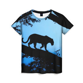 Женская футболка 3D с принтом Чёрная пантера в Тюмени, 100% полиэфир ( синтетическое хлопкоподобное полотно) | прямой крой, круглый вырез горловины, длина до линии бедер | Тематика изображения на принте: африка | вечер | дерево | дикая кошка | закат | леопард | сафари | ягуар