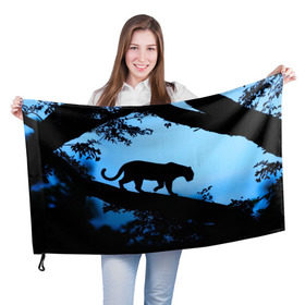Флаг 3D с принтом Чёрная пантера в Тюмени, 100% полиэстер | плотность ткани — 95 г/м2, размер — 67 х 109 см. Принт наносится с одной стороны | африка | вечер | дерево | дикая кошка | закат | леопард | сафари | ягуар