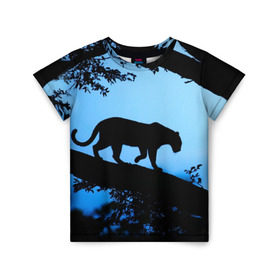 Детская футболка 3D с принтом Чёрная пантера в Тюмени, 100% гипоаллергенный полиэфир | прямой крой, круглый вырез горловины, длина до линии бедер, чуть спущенное плечо, ткань немного тянется | африка | вечер | дерево | дикая кошка | закат | леопард | сафари | ягуар
