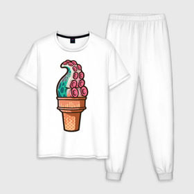 Мужская пижама хлопок с принтом Мороженое в Тюмени, 100% хлопок | брюки и футболка прямого кроя, без карманов, на брюках мягкая резинка на поясе и по низу штанин
 | Тематика изображения на принте: мороженое | осьминог | присоски | тентакли | щупальца