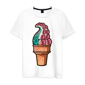 Мужская футболка хлопок с принтом Мороженое в Тюмени, 100% хлопок | прямой крой, круглый вырез горловины, длина до линии бедер, слегка спущенное плечо. | мороженое | осьминог | присоски | тентакли | щупальца