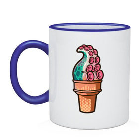 Кружка двухцветная с принтом Мороженое в Тюмени, керамика | объем — 330 мл, диаметр — 80 мм. Цветная ручка и кайма сверху, в некоторых цветах — вся внутренняя часть | мороженое | осьминог | присоски | тентакли | щупальца