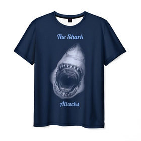 Мужская футболка 3D с принтом the shark attacks в Тюмени, 100% полиэфир | прямой крой, круглый вырез горловины, длина до линии бедер | Тематика изображения на принте: shark | акула | глубина | зубы | море | океан | пасть | укус | хищник