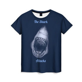 Женская футболка 3D с принтом the shark attacks в Тюмени, 100% полиэфир ( синтетическое хлопкоподобное полотно) | прямой крой, круглый вырез горловины, длина до линии бедер | shark | акула | глубина | зубы | море | океан | пасть | укус | хищник