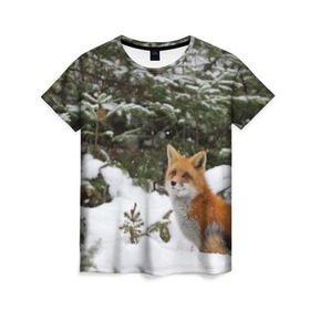 Женская футболка 3D с принтом Лиса в зимнем лесу в Тюмени, 100% полиэфир ( синтетическое хлопкоподобное полотно) | прямой крой, круглый вырез горловины, длина до линии бедер | fox | животное | зверь | красивая | лес | лис | лиса | лисенок | лисица | лисичка | мех | патрикеевна | песец | плутовка | прикольная | природа | рыжая | рыжий цвет | сказка | хвост | хитрая | хищник