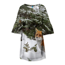 Детское платье 3D с принтом Лиса в зимнем лесу в Тюмени, 100% полиэстер | прямой силуэт, чуть расширенный к низу. Круглая горловина, на рукавах — воланы | fox | животное | зверь | красивая | лес | лис | лиса | лисенок | лисица | лисичка | мех | патрикеевна | песец | плутовка | прикольная | природа | рыжая | рыжий цвет | сказка | хвост | хитрая | хищник