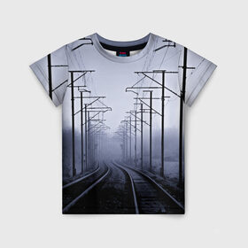 Детская футболка 3D с принтом Туманная дорога в Тюмени, 100% гипоаллергенный полиэфир | прямой крой, круглый вырез горловины, длина до линии бедер, чуть спущенное плечо, ткань немного тянется | Тематика изображения на принте: 3d | железная дорога | пути | столбы | страны | туман | туманная дорога