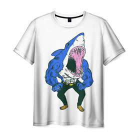Мужская футболка 3D с принтом Акула-Мен в Тюмени, 100% полиэфир | прямой крой, круглый вырез горловины, длина до линии бедер | 