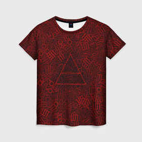 Женская футболка 3D с принтом 30 seconds to mars. символы в Тюмени, 100% полиэфир ( синтетическое хлопкоподобное полотно) | прямой крой, круглый вырез горловины, длина до линии бедер | глифы | знаки | красный | логотип | паттерн | рок | рокнрол | текстура | треугольник