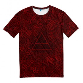 Мужская футболка 3D с принтом 30 seconds to mars. символы в Тюмени, 100% полиэфир | прямой крой, круглый вырез горловины, длина до линии бедер | Тематика изображения на принте: глифы | знаки | красный | логотип | паттерн | рок | рокнрол | текстура | треугольник