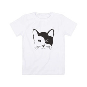 Детская футболка хлопок с принтом Кисонька в Тюмени, 100% хлопок | круглый вырез горловины, полуприлегающий силуэт, длина до линии бедер | абстракция | белое | инь ян | инь янь | киса | кисонька | котик | кошак | кошка | чёрно белая | черное
