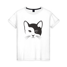 Женская футболка хлопок с принтом Кисонька в Тюмени, 100% хлопок | прямой крой, круглый вырез горловины, длина до линии бедер, слегка спущенное плечо | абстракция | белое | инь ян | инь янь | киса | кисонька | котик | кошак | кошка | чёрно белая | черное