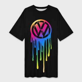 Платье-футболка 3D с принтом Volkswagen в Тюмени,  |  | brand | bright | car | color | drops | flow | germany | logo | rainbow | sign | spectrum | volkswagen | автомобиль | германия | знак | капли | логотип | марка | радуга | спектр | течет | цвет | яркий