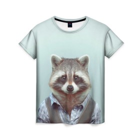 Женская футболка 3D с принтом Хипстер Енот в Тюмени, 100% полиэфир ( синтетическое хлопкоподобное полотно) | прямой крой, круглый вырез горловины, длина до линии бедер | raccoon | енот
