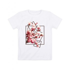 Детская футболка хлопок с принтом Магнолия в Тюмени, 100% хлопок | круглый вырез горловины, полуприлегающий силуэт, длина до линии бедер | весна | геометрия | деревья | квадраты | цветение | цветы