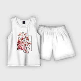 Детская пижама с шортами хлопок с принтом Магнолия в Тюмени,  |  | Тематика изображения на принте: весна | геометрия | деревья | квадраты | цветение | цветы