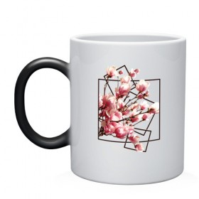 Кружка хамелеон с принтом Магнолия в Тюмени, керамика | меняет цвет при нагревании, емкость 330 мл | весна | геометрия | деревья | квадраты | цветение | цветы