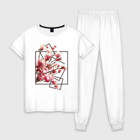 Женская пижама хлопок с принтом Магнолия в Тюмени, 100% хлопок | брюки и футболка прямого кроя, без карманов, на брюках мягкая резинка на поясе и по низу штанин | весна | геометрия | деревья | квадраты | цветение | цветы