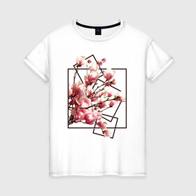Женская футболка хлопок с принтом Магнолия в Тюмени, 100% хлопок | прямой крой, круглый вырез горловины, длина до линии бедер, слегка спущенное плечо | весна | геометрия | деревья | квадраты | цветение | цветы
