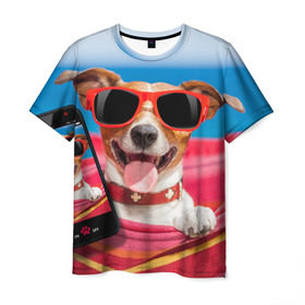 Мужская футболка 3D с принтом Джек рассел - в гамаке в Тюмени, 100% полиэфир | прямой крой, круглый вырез горловины, длина до линии бедер | волкодав | дворняжка | джек | джек рассел | домашние животные | любимец | мопс | овчарка | пес | песик | питомец | рассел | сенбернар | собака | собачка