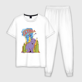 Мужская пижама хлопок с принтом Catzilla в Тюмени, 100% хлопок | брюки и футболка прямого кроя, без карманов, на брюках мягкая резинка на поясе и по низу штанин
 | годзилла | город | кот | кошка | монстр | нло