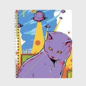 Тетрадь с принтом Catzilla в Тюмени, 100% бумага | 48 листов, плотность листов — 60 г/м2, плотность картонной обложки — 250 г/м2. Листы скреплены сбоку удобной пружинной спиралью. Уголки страниц и обложки скругленные. Цвет линий — светло-серый
 | Тематика изображения на принте: годзилла | город | кот | кошка | монстр | нло