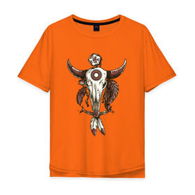 Мужская футболка хлопок Oversize с принтом Тотем в Тюмени, 100% хлопок | свободный крой, круглый ворот, “спинка” длиннее передней части | бубен | индеец | перья | тотем | череп | череп быка | шаман