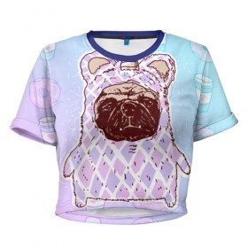 Женская футболка 3D укороченная с принтом мопс-единорог в Тюмени, 100% полиэстер | круглая горловина, длина футболки до линии талии, рукава с отворотами | dog | mops | tmblr | tumbler | unicorn | единорог | мопс
