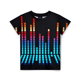 Детская футболка 3D с принтом Эквалайзер неон в Тюмени, 100% гипоаллергенный полиэфир | прямой крой, круглый вырез горловины, длина до линии бедер, чуть спущенное плечо, ткань немного тянется | Тематика изображения на принте: музыка | полосы | разноцветный | яркий