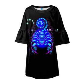 Детское платье 3D с принтом Скорпион в Тюмени, 100% полиэстер | прямой силуэт, чуть расширенный к низу. Круглая горловина, на рукавах — воланы | scorpius | арт | астрономия | другие | звезды | знак зодиака | космос | неоновые | прикольные | скорпион | яркие