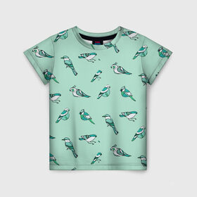 Детская футболка 3D с принтом Птица-синица в Тюмени, 100% гипоаллергенный полиэфир | прямой крой, круглый вырез горловины, длина до линии бедер, чуть спущенное плечо, ткань немного тянется | Тематика изображения на принте: бирюза | паттерн | птахи | птички